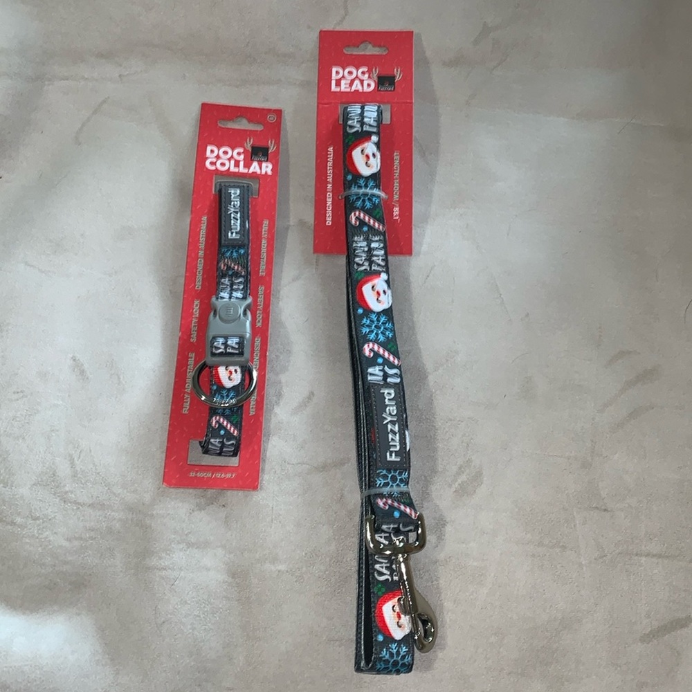 🎄🧑‍🎄 FuzzYard Santa Paws Christmas Dog Collar (Med) & Lead Leash Set Gray NWT